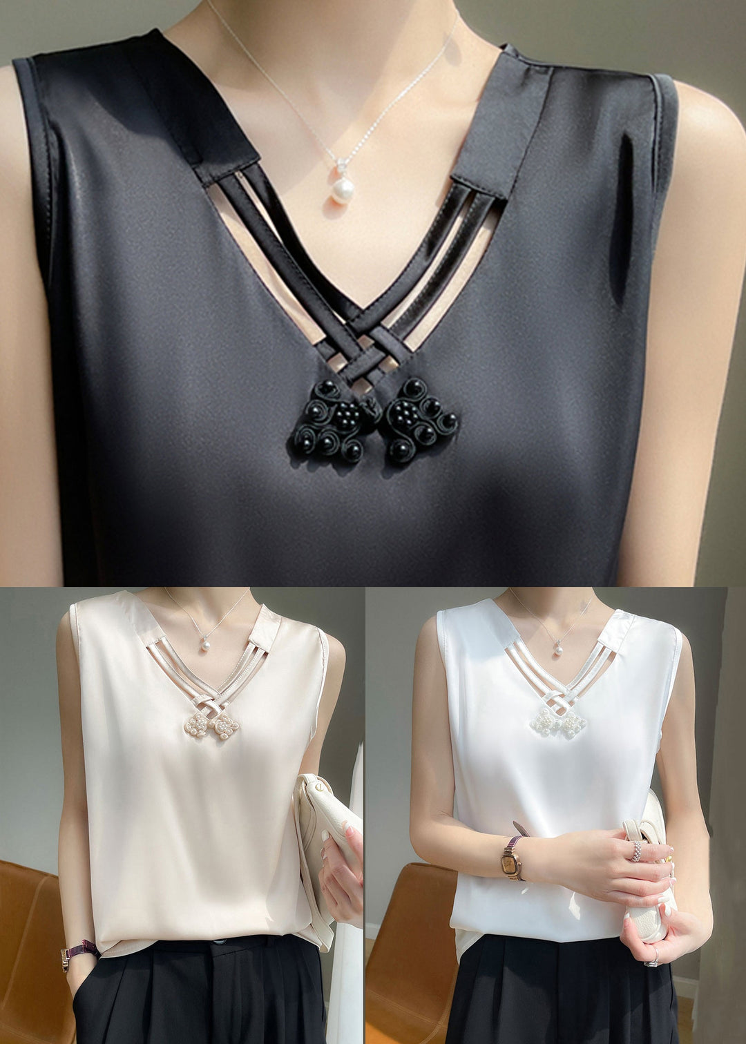 Stylish Champagne Color Nail Bead Solid Silk Tank Summer