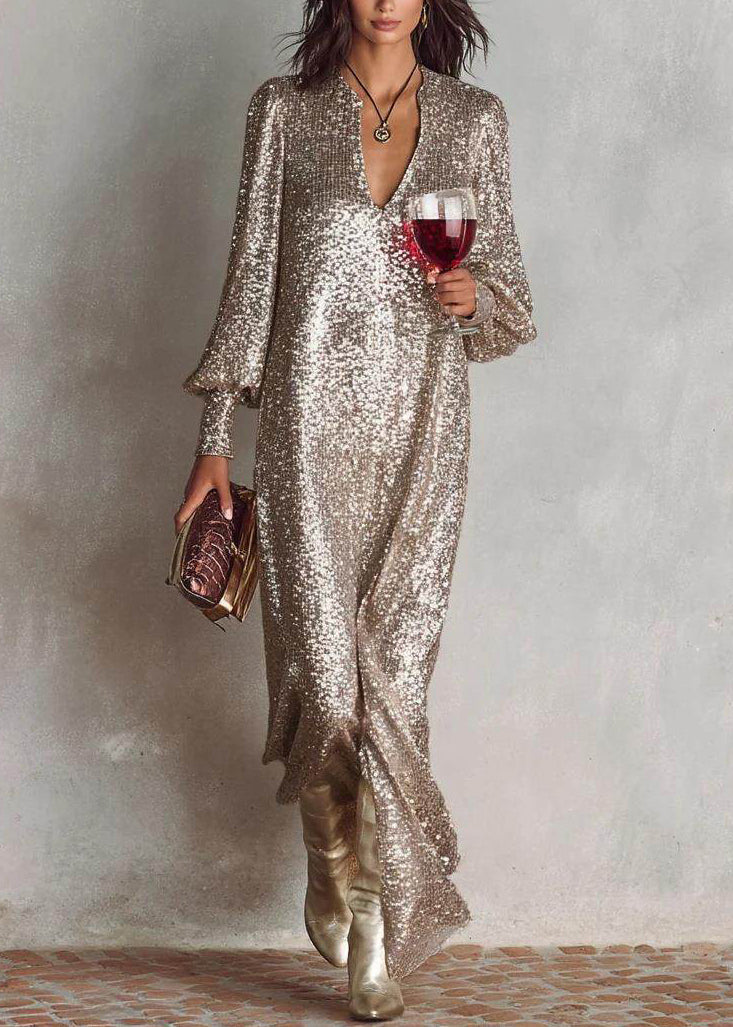 Stylish Champagne Color V Neck Side Open Party Dress Spring