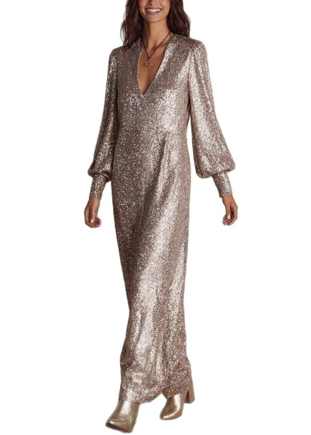 Stylish Champagne Color V Neck Side Open Party Dress Spring