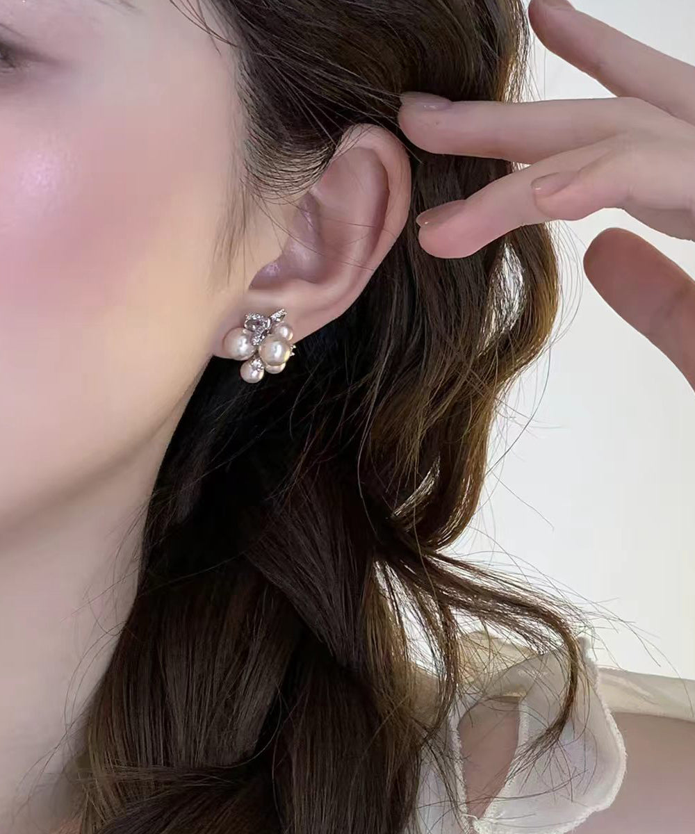 Stylish Champagne Zircon Pearl Silver Needle Bow Stud Earrings
