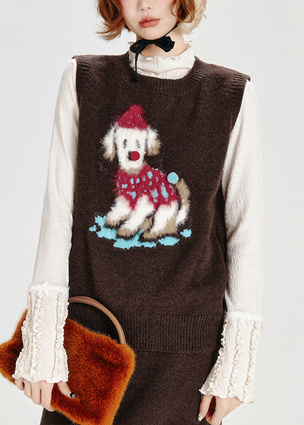 Stylish Chocolate Embroidered Dog Knit Two Piece Suit Set Spring