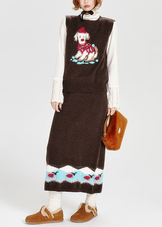 Stylish Chocolate Embroidered Dog Knit Two Piece Suit Set Spring