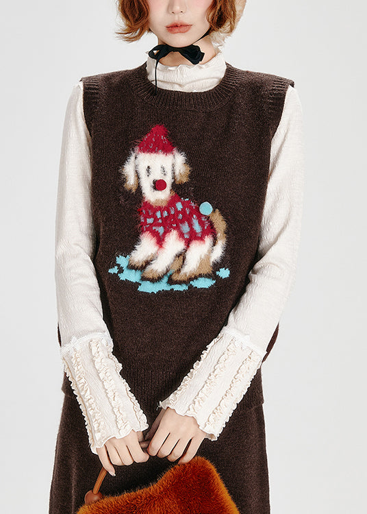 Stylish Chocolate Embroidered Dog Knit Two Piece Suit Set Spring