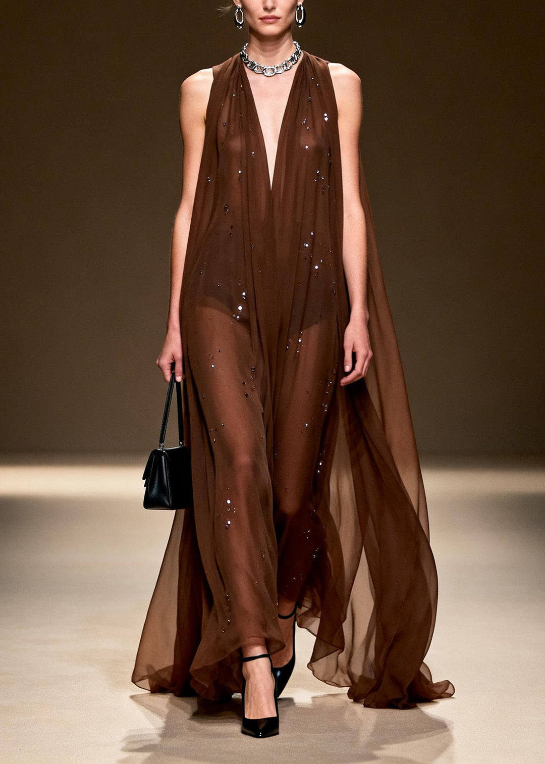 Stylish Chocolate Rhinestone Exra Large Hem Chiffon Vacation Dress Sleeveless
