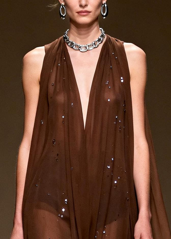 Stylish Chocolate Rhinestone Exra Large Hem Chiffon Vacation Dress Sleeveless