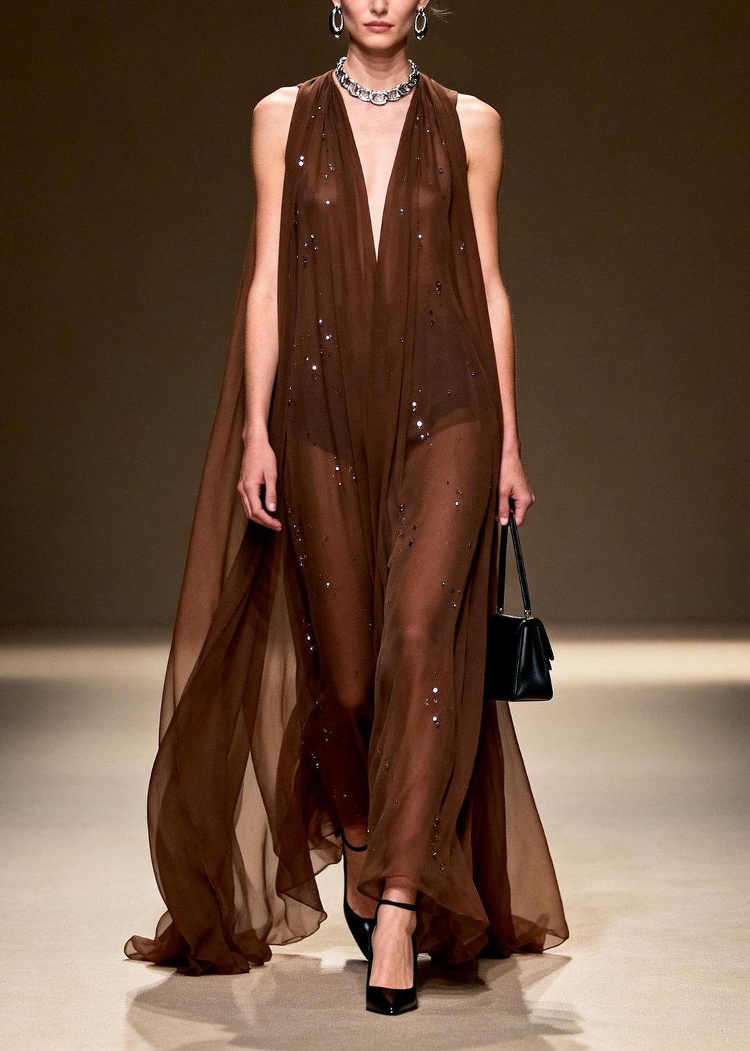 Stylish Chocolate Rhinestone Exra Large Hem Chiffon Vacation Dress Sleeveless