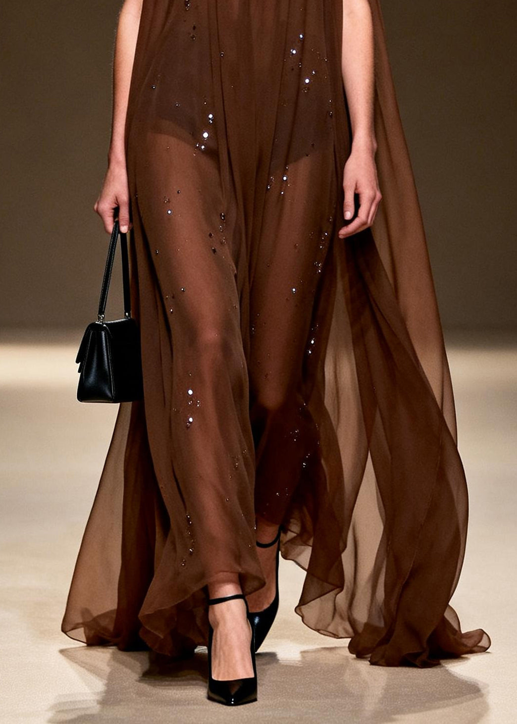 Stylish Chocolate Rhinestone Exra Large Hem Chiffon Vacation Dress Sleeveless