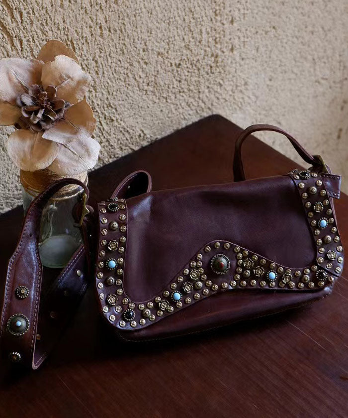 Stylish Chocolate Rivet Solid Durable Leather Women Shoulder Bags