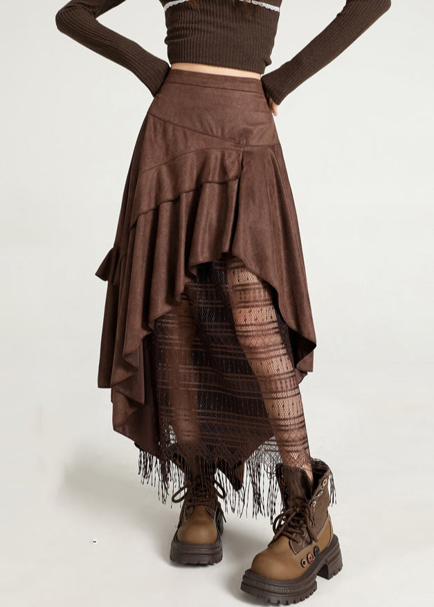 Stylish Coffee Asymmetrical Lace Faux Suede Skirts Fall
