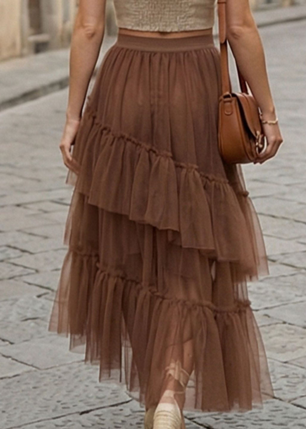 Stylish Coffee Asymmetrical Ruffled Patchwork Tulle Skirts Summer