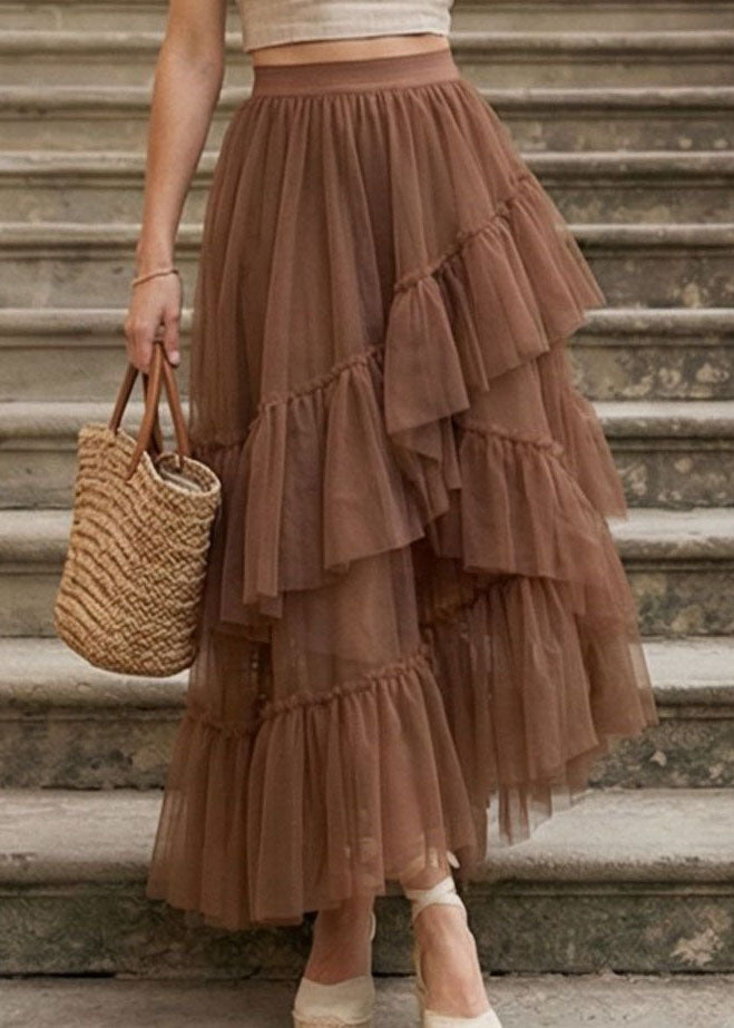 Stylish Coffee Asymmetrical Ruffled Patchwork Tulle Skirts Summer