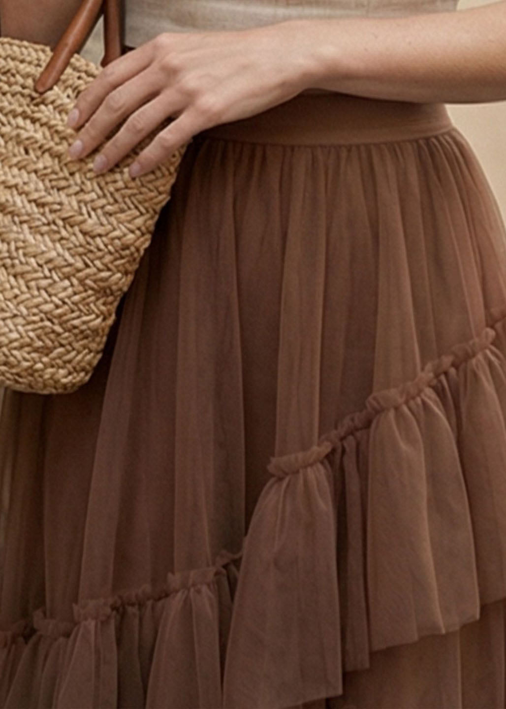 Stylish Coffee Asymmetrical Ruffled Patchwork Tulle Skirts Summer