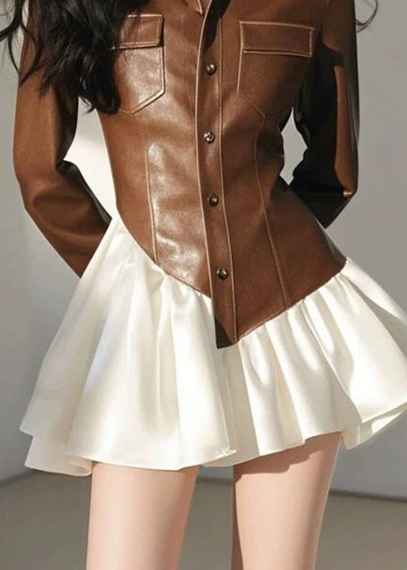 Stylish Coffee Faux Leather Asymmetrical Patchwork Button Vacation Mid Dresses Spring