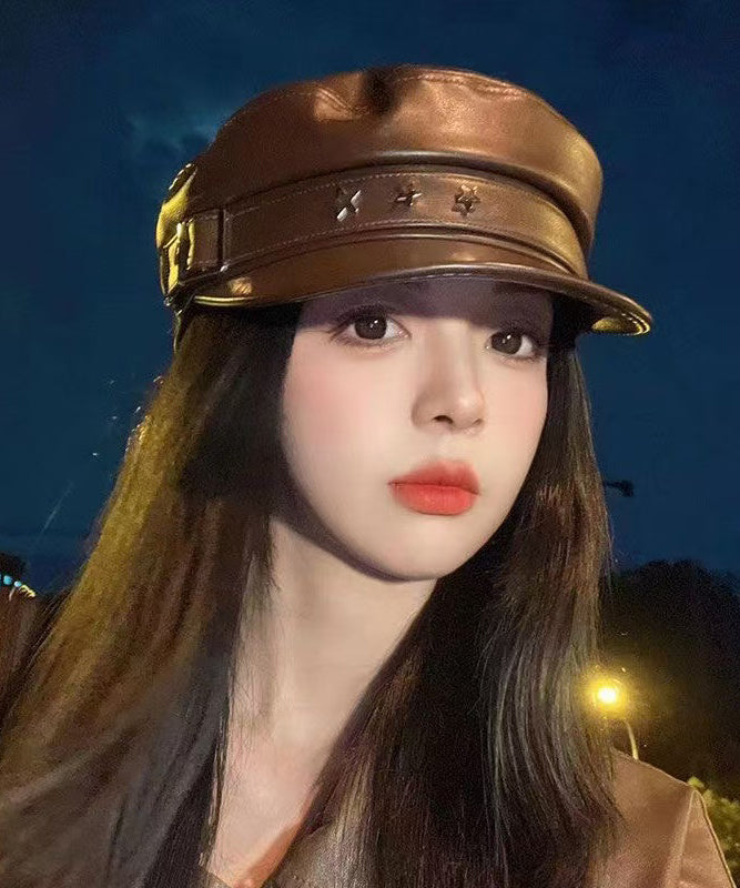 Stylish Coffee Faux Leather Patchwork Beret Hat