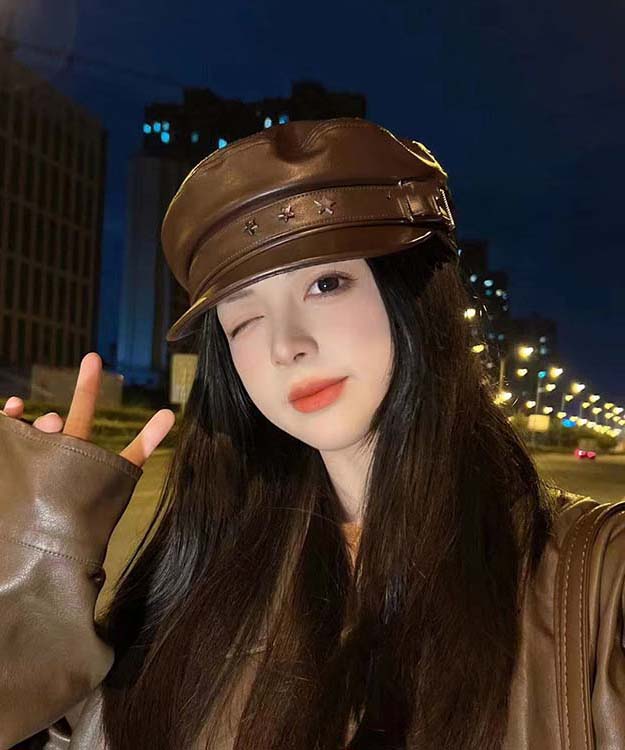 Stylish Coffee Faux Leather Patchwork Beret Hat