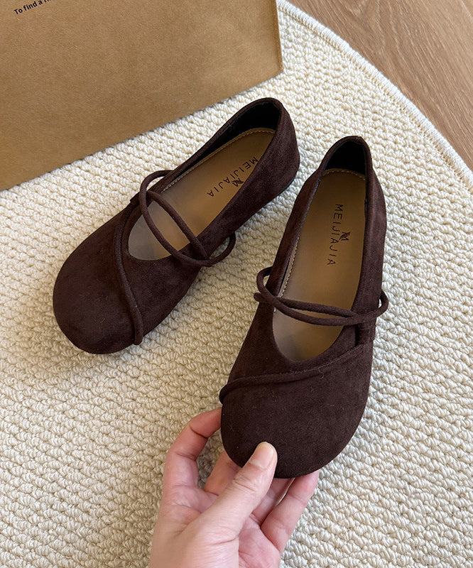 Stylish Coffee Flat Shoes Suede Unique Splicing Cross Strap