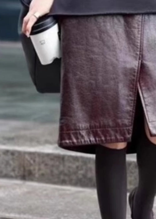 Stylish Coffee Front Open High Waist Faux Leather Skirts Fall