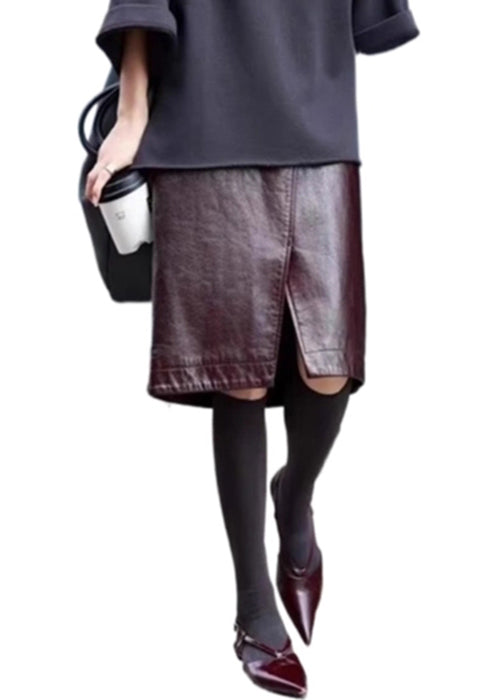 Stylish Coffee Front Open High Waist Faux Leather Skirts Fall