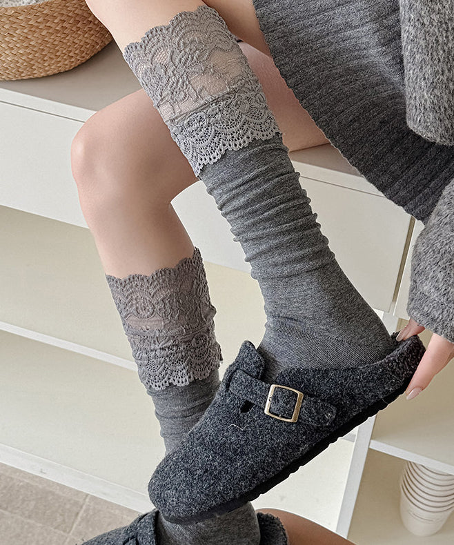 Stylish Coffee Lace Patchwork Cotton Mid Calf Socks