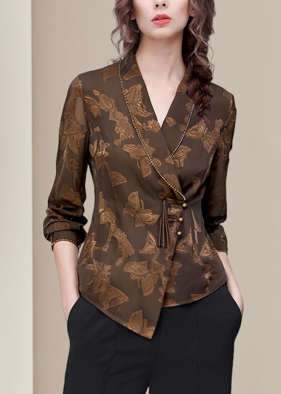 Stylish Coffee Notched Print Button Chiffon Shirt Spring