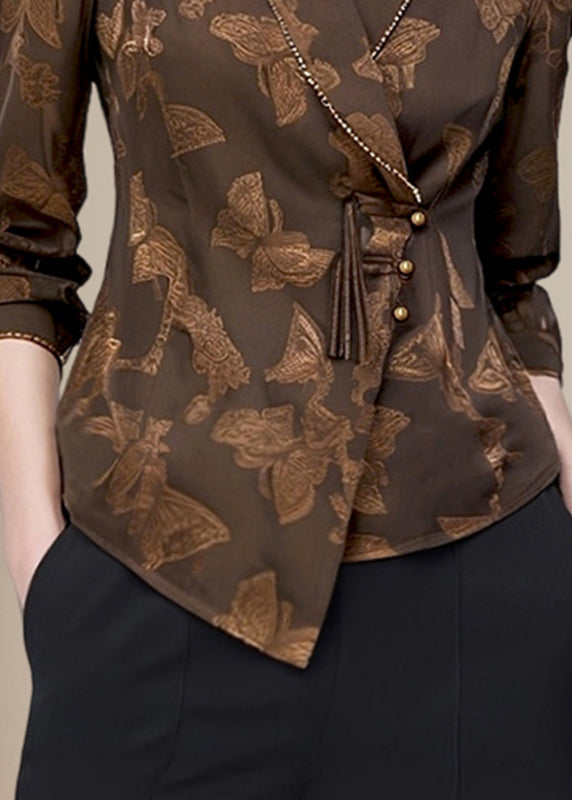 Stylish Coffee Notched Print Button Chiffon Shirt Spring