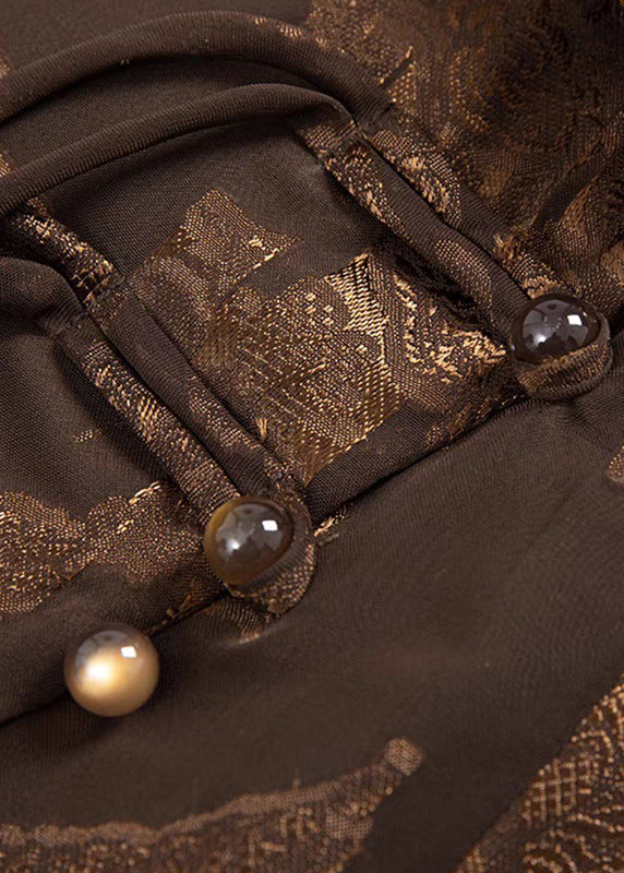 Stylish Coffee Notched Print Button Chiffon Shirt Spring