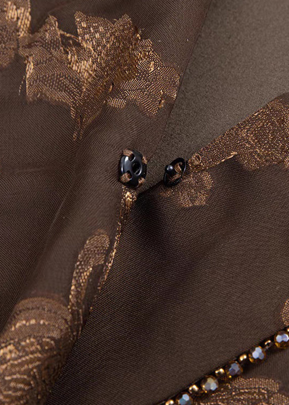 Stylish Coffee Notched Print Button Chiffon Shirt Spring