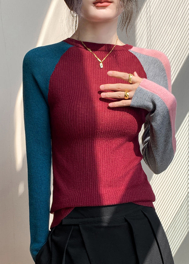 Stylish Coffee O Neck Patchwork Woolen Knitted Tops Fall