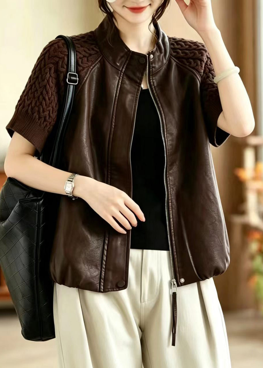 Stylish Coffee Stand Collar Knit Patchwork Faux Leather Vest Sleeveless