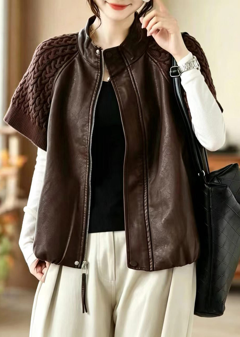 Stylish Coffee Stand Collar Knit Patchwork Faux Leather Vest Sleeveless