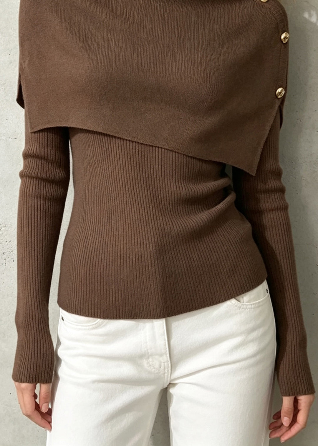 Stylish Coffee Turtleneck Knit Cloak And Sweater Two Pieces Set Fall