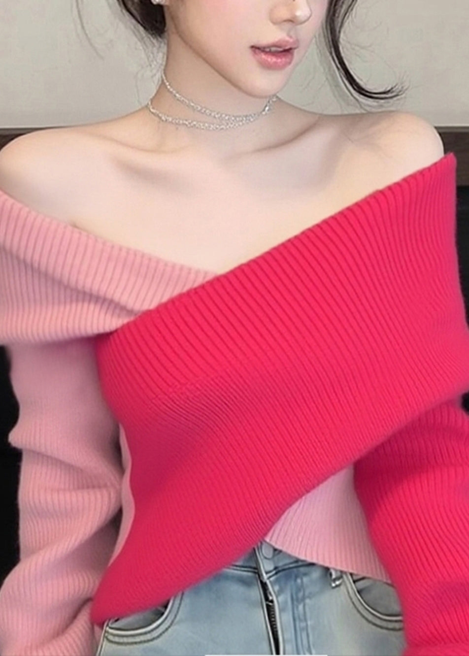 Stylish Colorblock Cold Shoulder Patchwork Knit Sweaters Fall