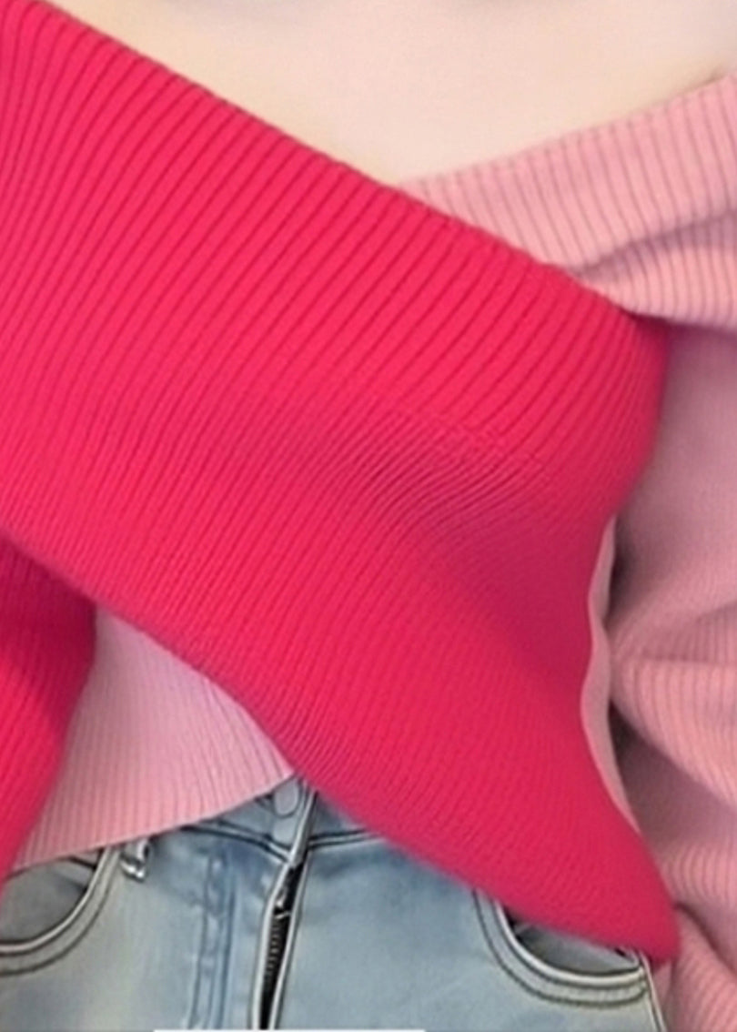 Stylish Colorblock Cold Shoulder Patchwork Knit Sweaters Fall