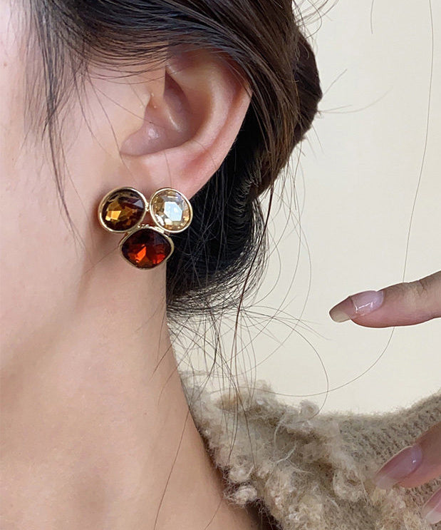 Stylish Colorblock Gem Stone Copper Stud Earrings