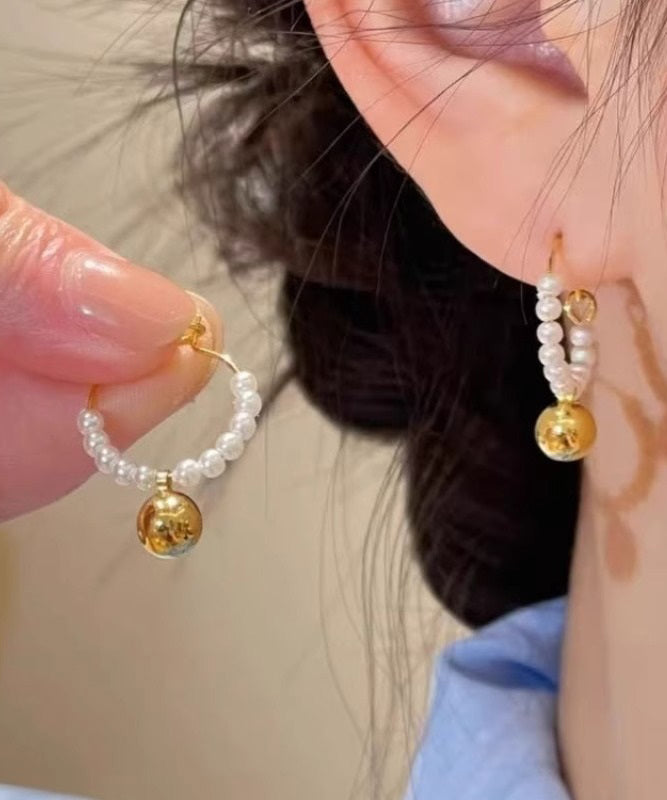 Stylish Colorblock Metal Pearl Beading Hoop Earrings
