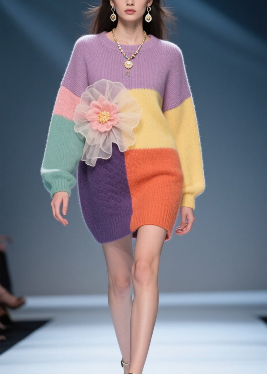 Stylish Colorblock O Neck Floral Knit Sweater Dress Fall