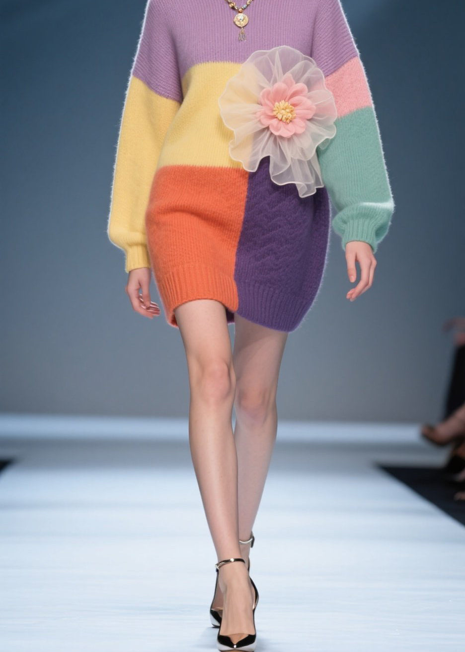 Stylish Colorblock O Neck Floral Knit Sweater Dress Fall