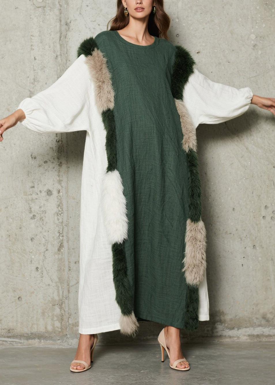 Stylish Colorblock O Neck Fuzzy Fur Fluffy Patchwork Cotton Dress Fall