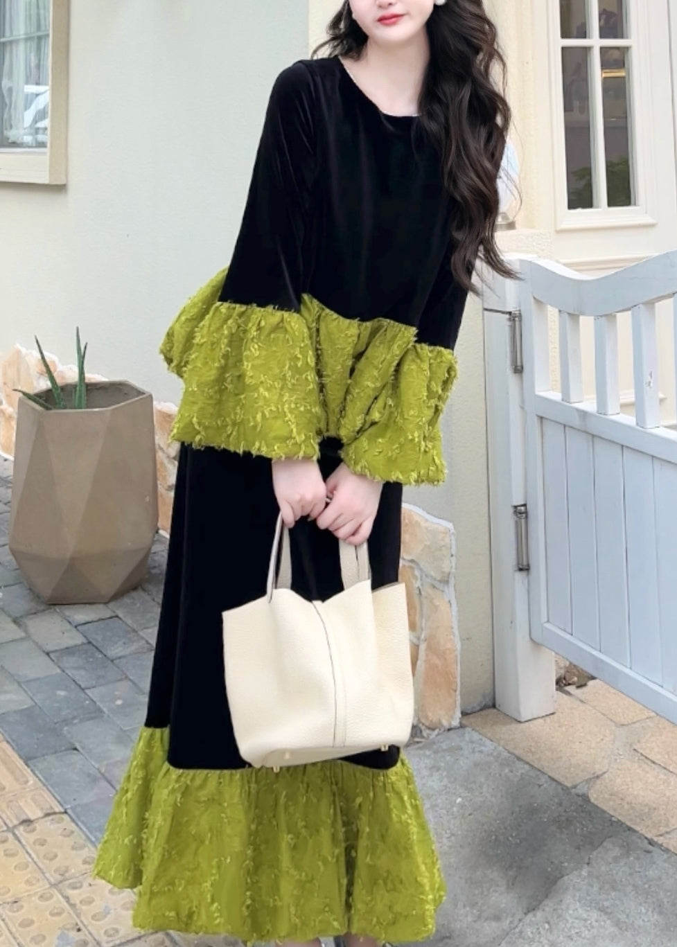 Stylish Colorblock O Neck Patchwork Velvet Two Pieces Set Fall