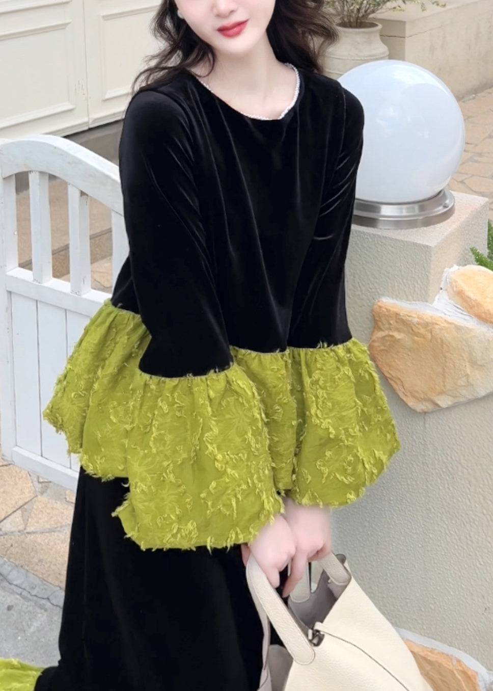 Stylish Colorblock O Neck Patchwork Velvet Two Pieces Set Fall