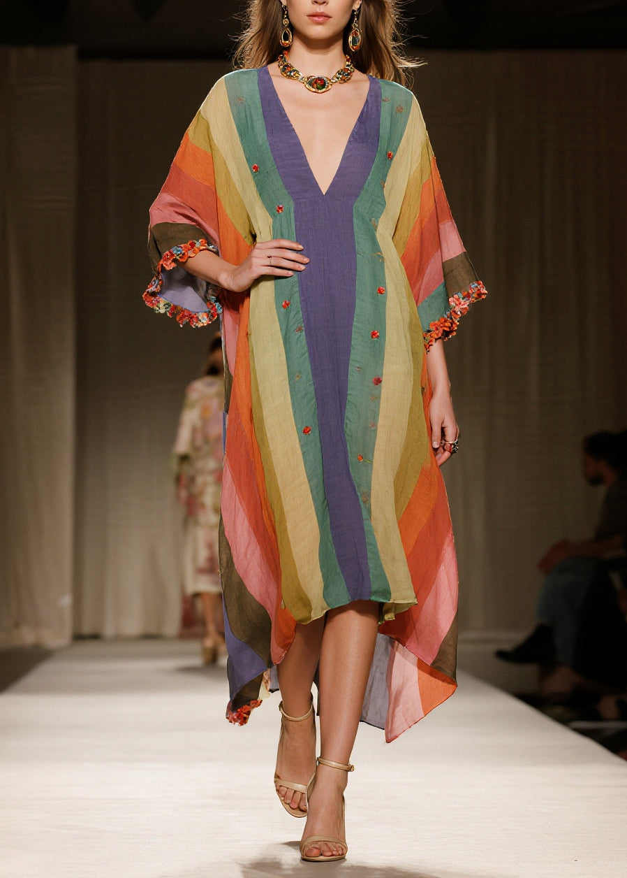 Stylish Colorblock Oversized Striped Cotton Long Dress Summer