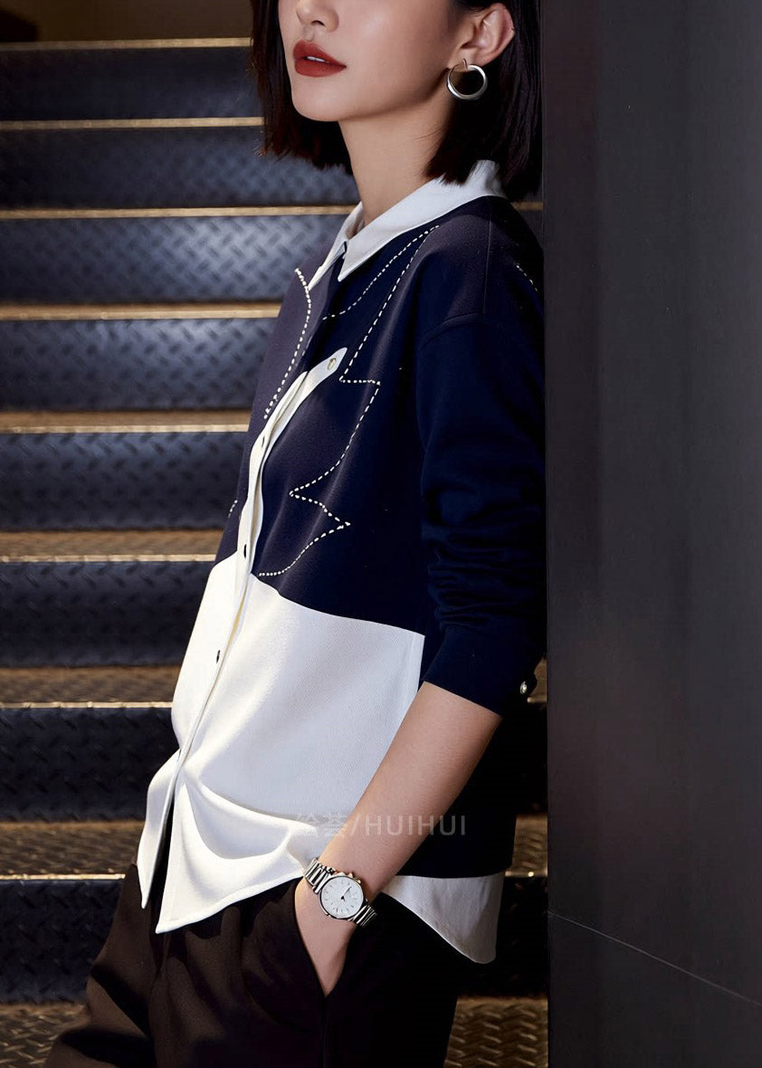 Stylish Colorblock Peter Pan Collar Button Shirt Spring