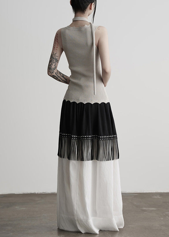 Stylish Colorblock Tasseled Patchwork Cotton Skirt Fall