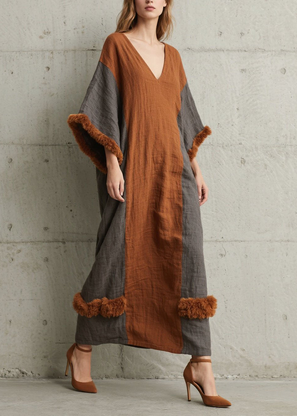 Stylish Colorblock V Neck Fuzzy Fur Patchwork Cotton Dress Fall