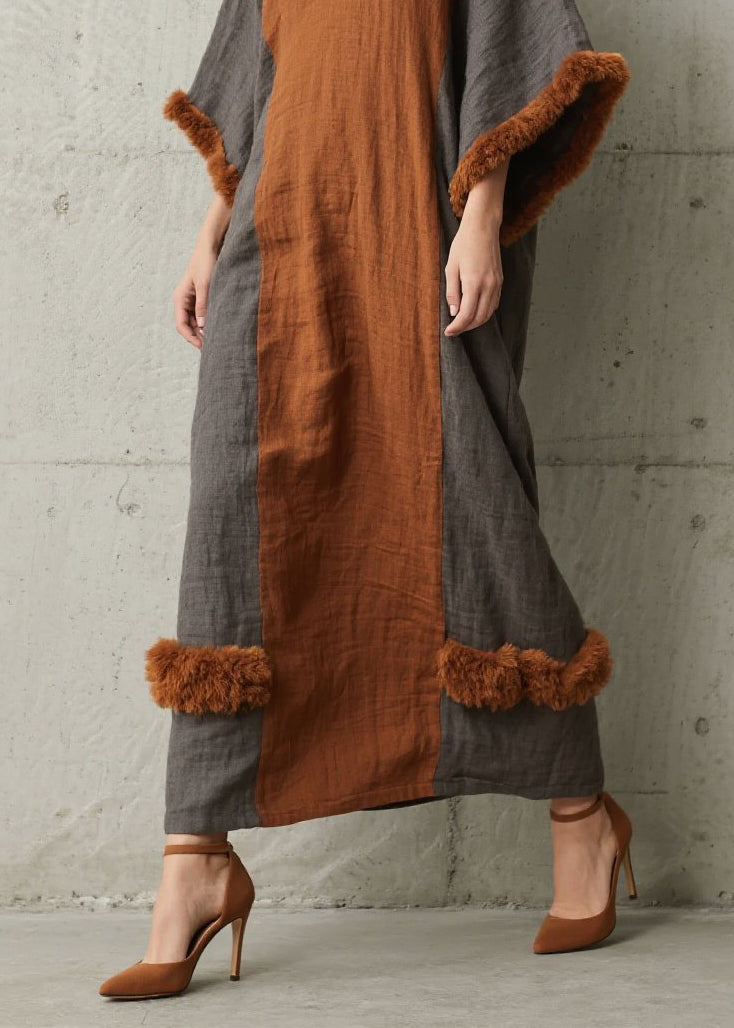 Stylish Colorblock V Neck Fuzzy Fur Patchwork Cotton Dress Fall