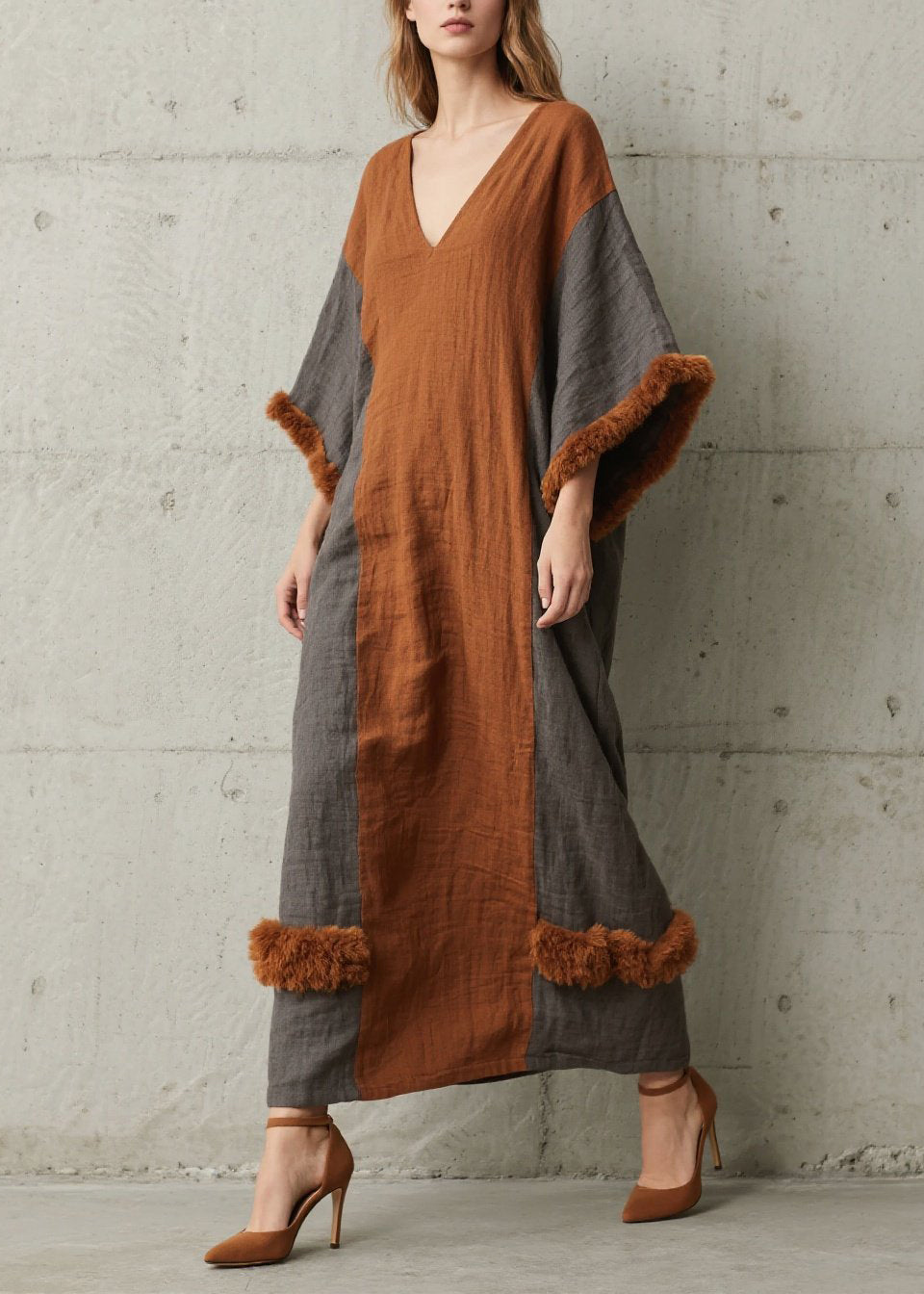Stylish Colorblock V Neck Fuzzy Fur Patchwork Cotton Dress Fall