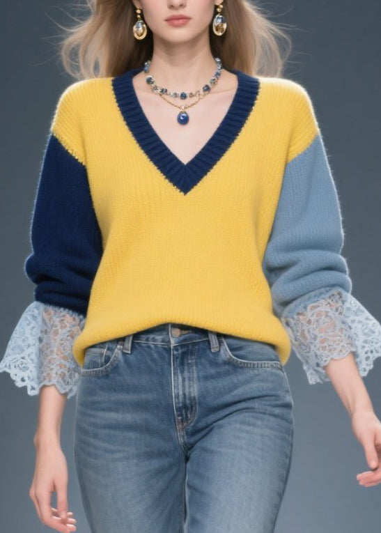 Stylish Colorblock V Neck Patchwork Lace Sweater Tops Winter