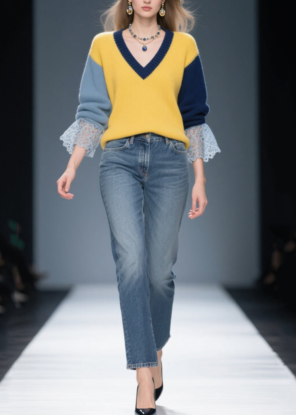 Stylish Colorblock V Neck Patchwork Lace Sweater Tops Winter