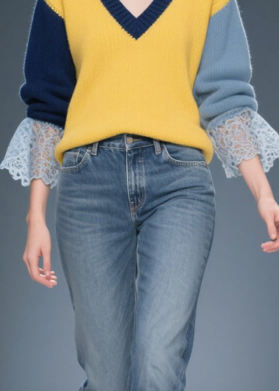 Stylish Colorblock V Neck Patchwork Lace Sweater Tops Winter