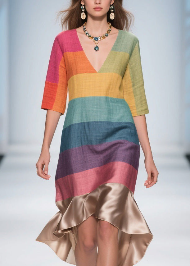Stylish Colorblock V Neck Patchwork Linen Silk Dresses Summer